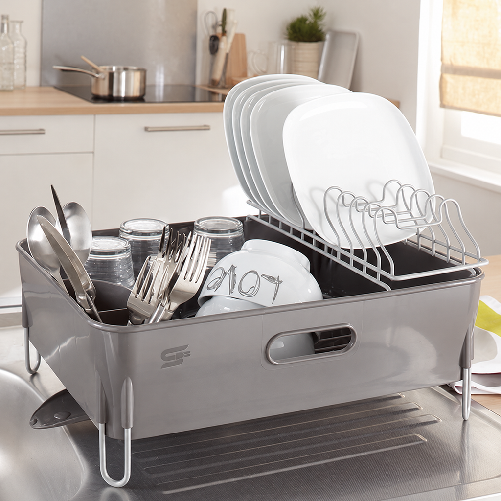 SNAL ELECTRO Dish Drying Rack with Drainage Tray & Swivel Spout – Grey