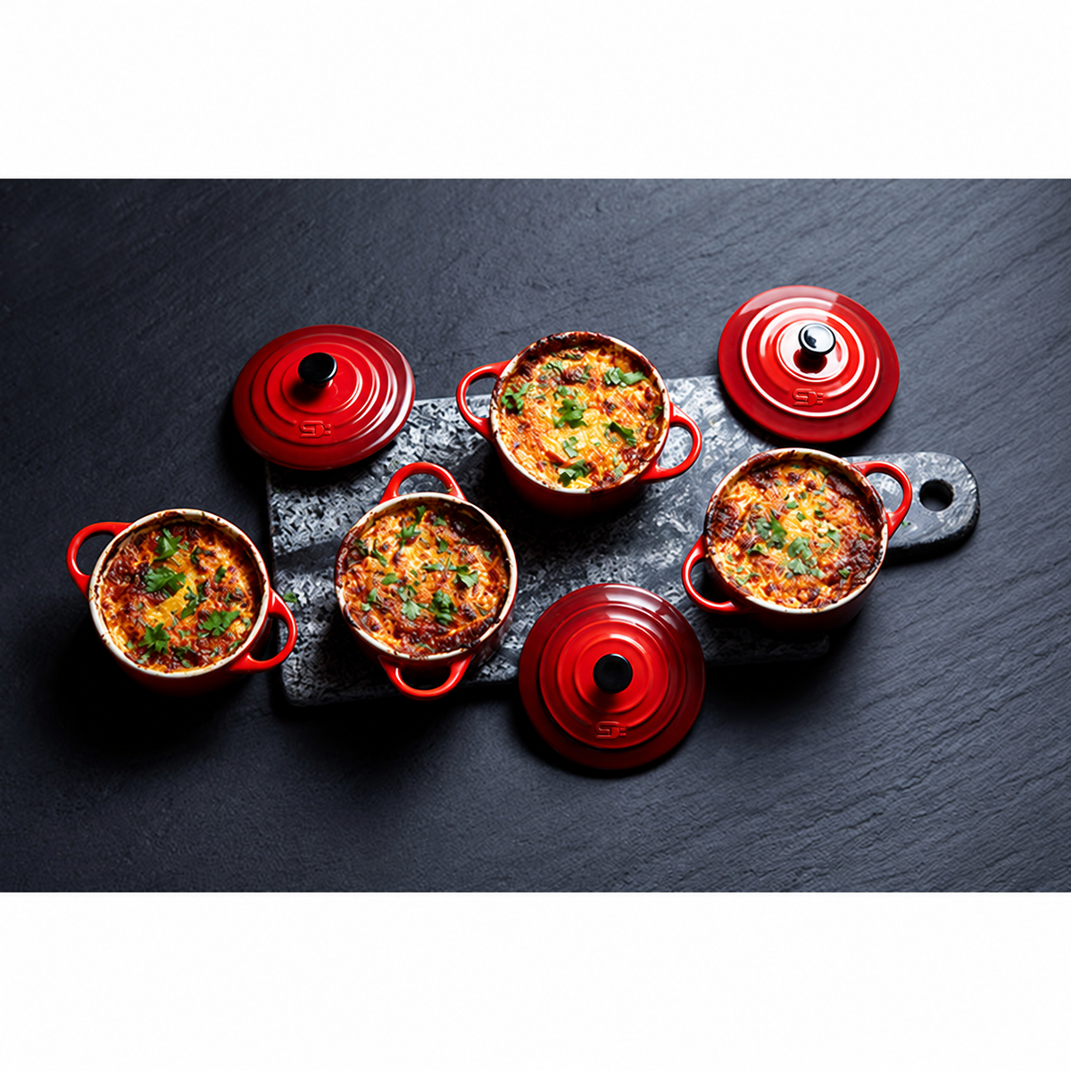 SNAL ELECTRO Set of 4 Ceramic Mini Casseroles with Lids – 10 cm, 250 ml, Cherry Red