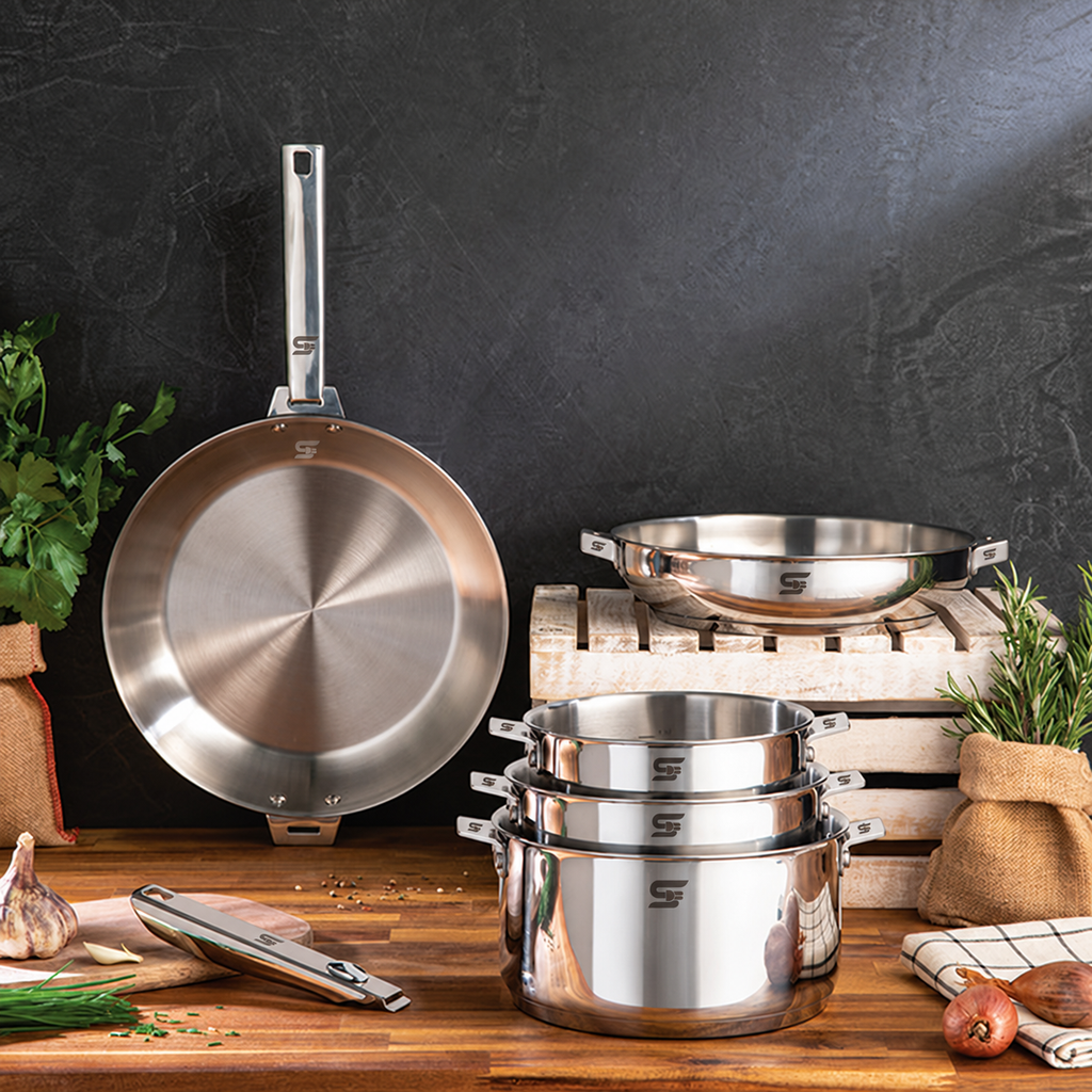 SNAL ELECTRO 8-Piece Stainless Steel Cookware Set with 2 Detachable Handles