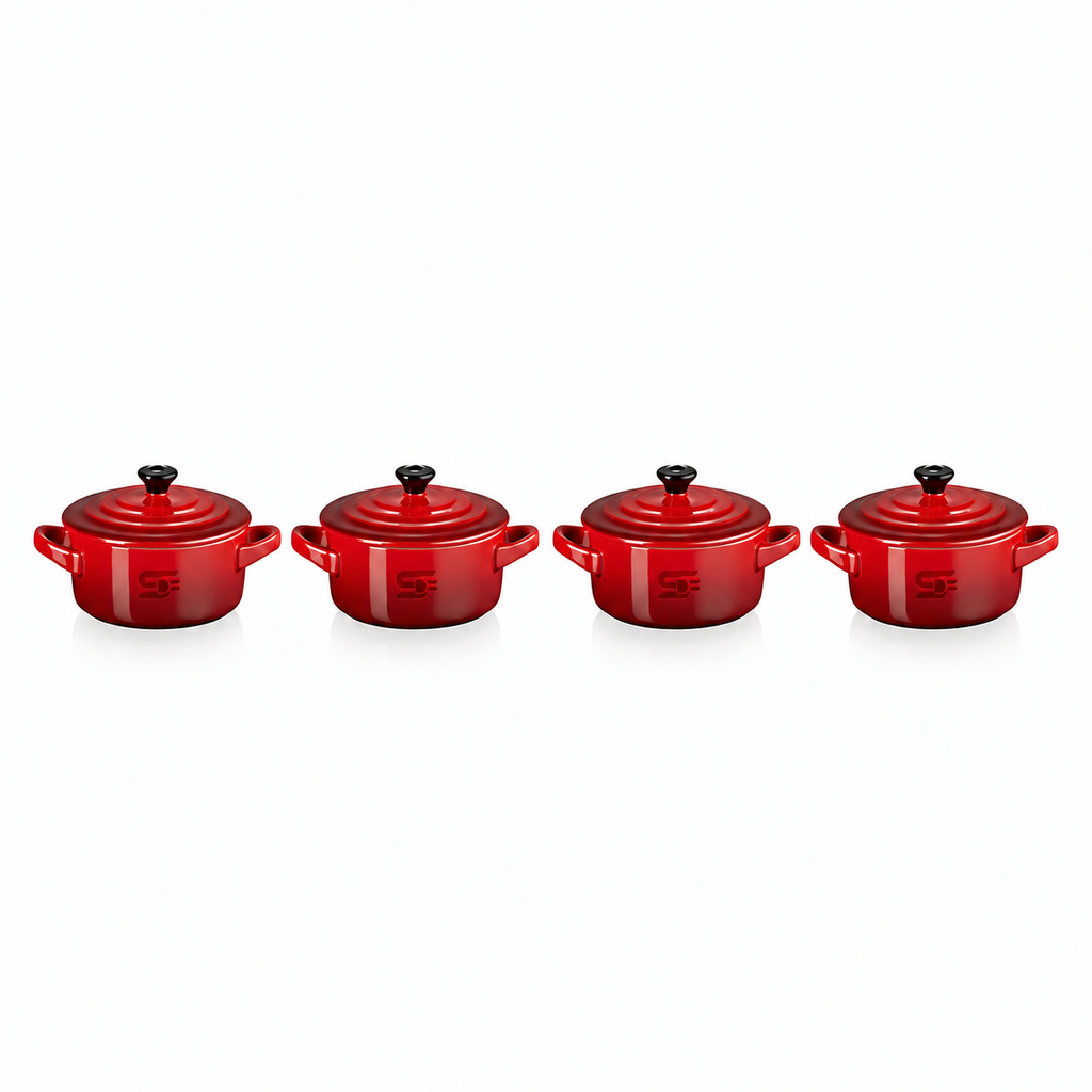 SNAL ELECTRO Set of 4 Ceramic Mini Casseroles with Lids – 10 cm, 250 ml, Cherry Red